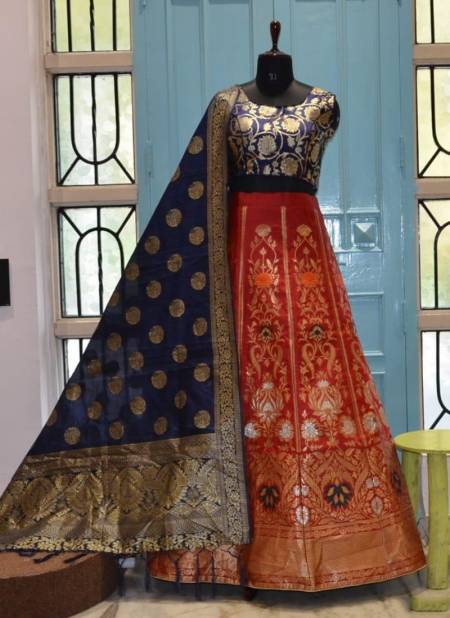 Navy Blue And Red Colour HOTAM HIT Designer Fancy Festive Wear Heavy Silk Printed Lehenga Choli Collection 10008